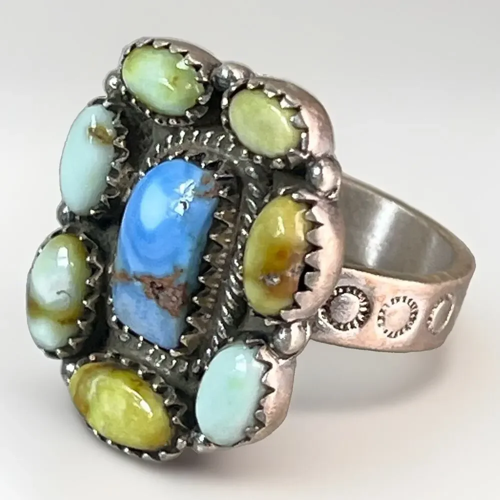 Southwestern Sterling Silver Mixed Turquoise Cluster Statement Ring Adjust Size
